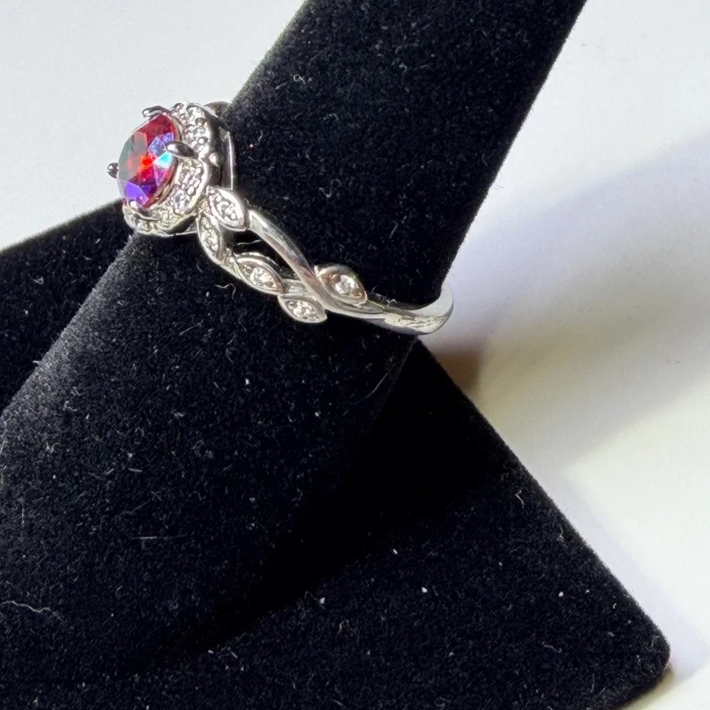 Fragrant Jewels Aurora Borealis Mystic Rainbow Vine Halo Ring Silver Tone Size 8